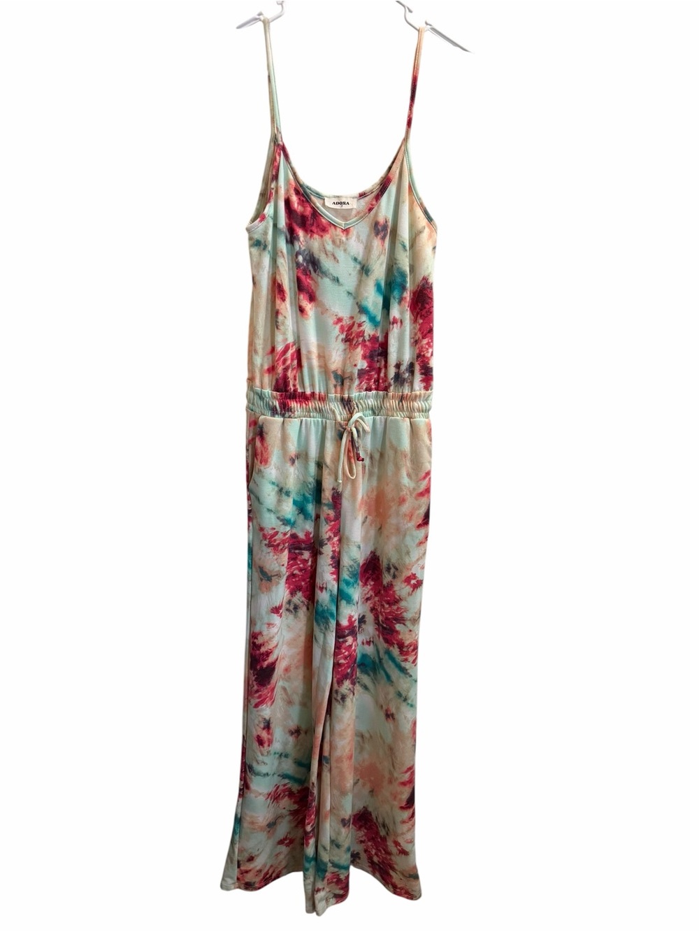 ADORA Tie-Dye Spaghetti-Strap Jumpsuit in Teal & Pink size large